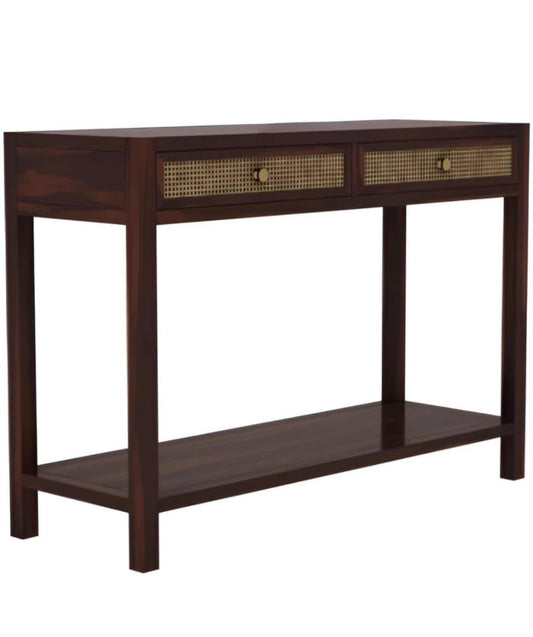 Umark Modern Console Table with Cane Drawers, Walnut Finish, 2 Storage