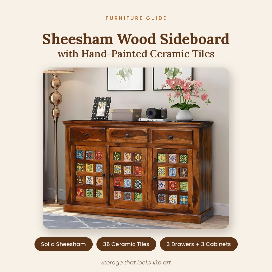 Sheesham Wood Sideboard with Ceramic Tiles – umark furniture