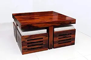 Umark Sheesham Wood Center Coffee Table Set with 4 Stools, Mahogany