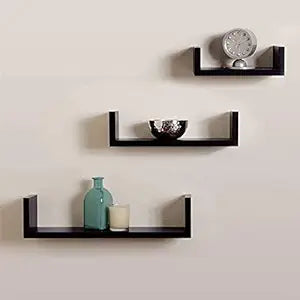 Umark U-Shape Wooden Floating Wall Shelves Set of 3, Walnut Brown