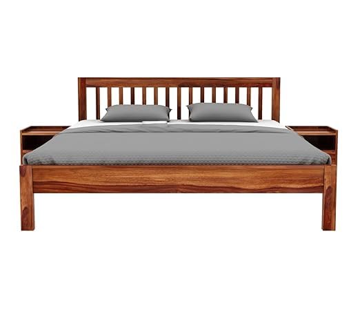 Solid Sheesham Wood Queen Size Bed - Natural Finish - side view