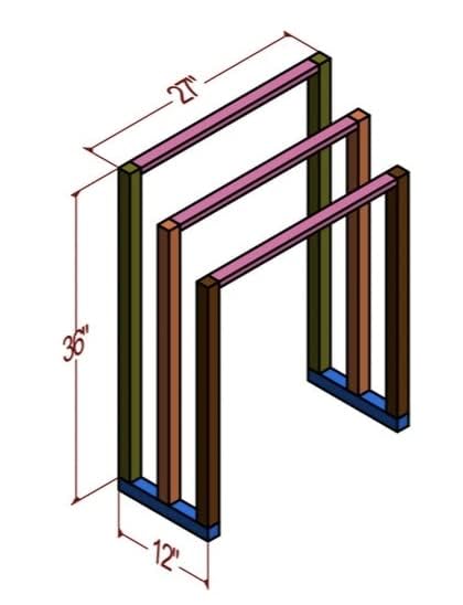 Solid Wood Freestanding 3-Rail Towel Stand - Brown Finish - size and dimension chart