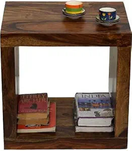 Umark Solid Sheesham Wood Cube Shape End Side Table, Natural Brown