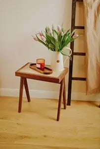 Umark Mid-Century Wooden Side Table with Rattan Cane Top, Brown