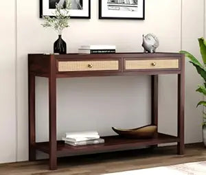 Umark Modern Console Entryway Table with 2 Cane Drawers, Walnut