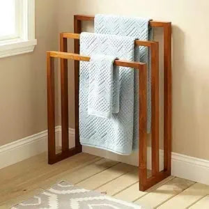 Wooden Freestanding 3-Rail Towel Stand Rack for Bathroom, Brown
