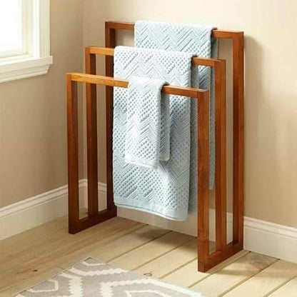 Wooden Towel Stand Rack with 3 Rails, Freestanding Bathroom Storage