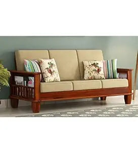 Umark Wooden 3-Seater Sofa Set with Storage Arms & Cushions, Honey