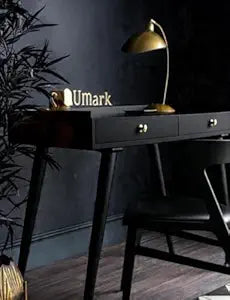 Umark Multipurpose Black Wood Study Table with 2 Drawers & Tapered Legs