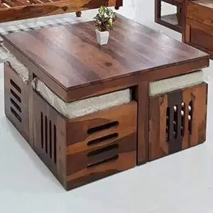 Umark Solid Sheesham Wood Handicraft Coffee Center Table with 4 Stools