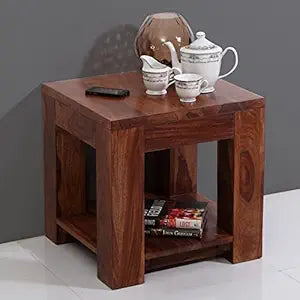 Umark Solid Wood End Side Table with Storage Rack, Light Walnut