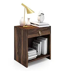 Umark Solid Sheesham Wood Bedside Sofa Side Table with 1 Drawer, Walnut