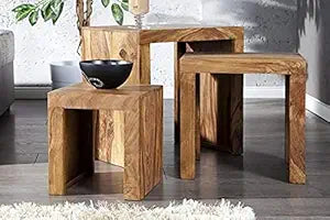 Umark Sheesham Wood Nesting Side Tables Set of 3, Natural Finish