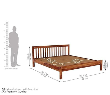 Solid Sheesham Wood Queen Size Bed - Natural Finish - size and dimension chart