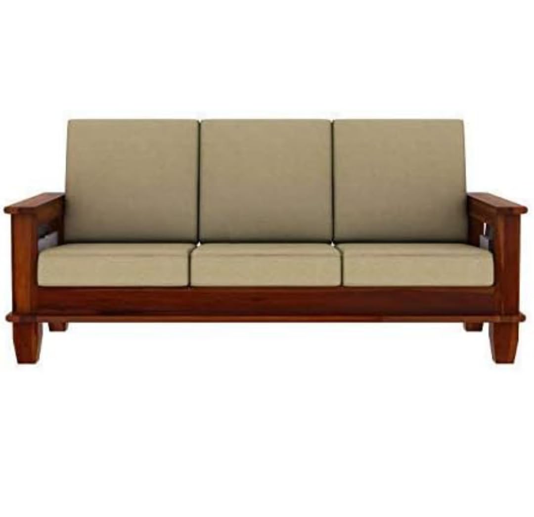 Umark Wooden 3-Seater Sofa with Storage Arms, Honey Finish, Beige