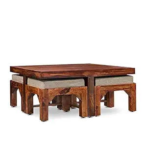 Umark Solid Sheesham Wood Coffee Center Table with 4 Stools, Natural