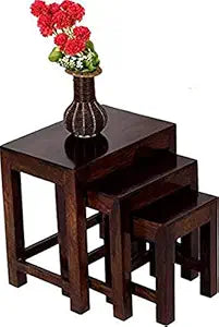 Umark Sheesham Wood Nesting Stool Tables Set of 3, Walnut Finish