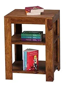 Umark Solid Sheesham Wood Square Bedside Side Table with 2 Shelves
