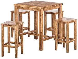 Umark Solid Wood 4-Seater Bar Table Set with 4 High Chairs, Brown