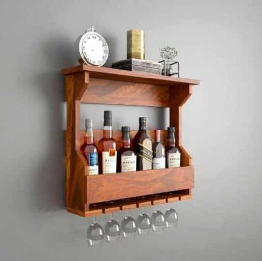 Rustic Wall Mounted Wine Rack with Glass Holder, Wooden Liquor Bottle Storage Shelf, 6 Bottle Display with Decorative Top Shelf
