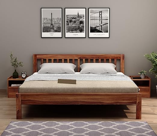 Solid Sheesham Wood Queen Size Bed - Natural Finish - bedroom lifestyle setting