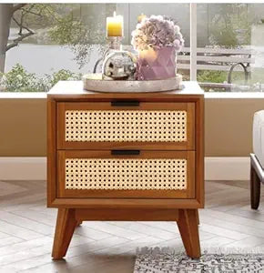 Umark Mid-Century Wooden Nightstand with 2 Cane Drawers, Honey Brown