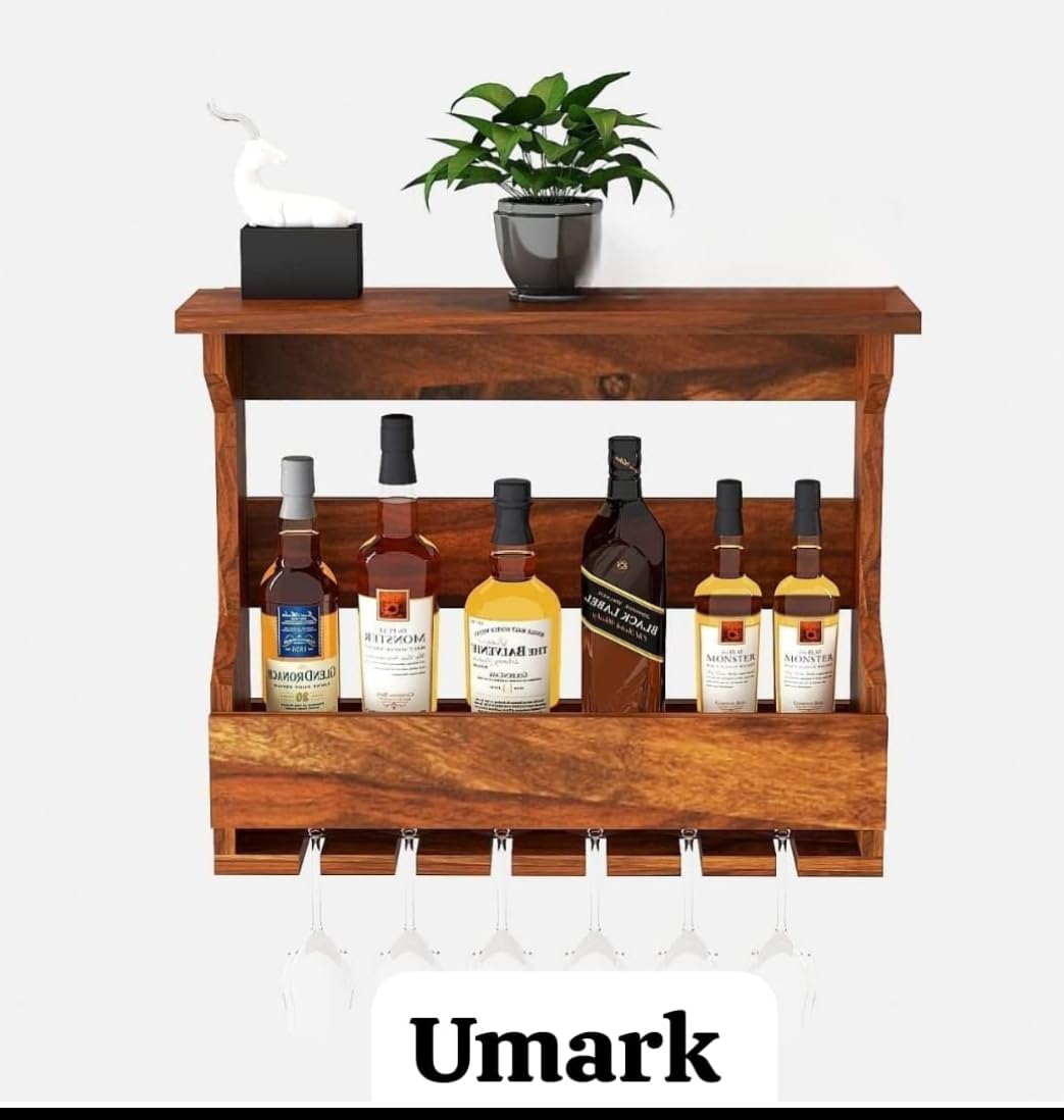 Umark Rustic Wall Mounted Wine Rack with Glass Holder, Wooden Liquor