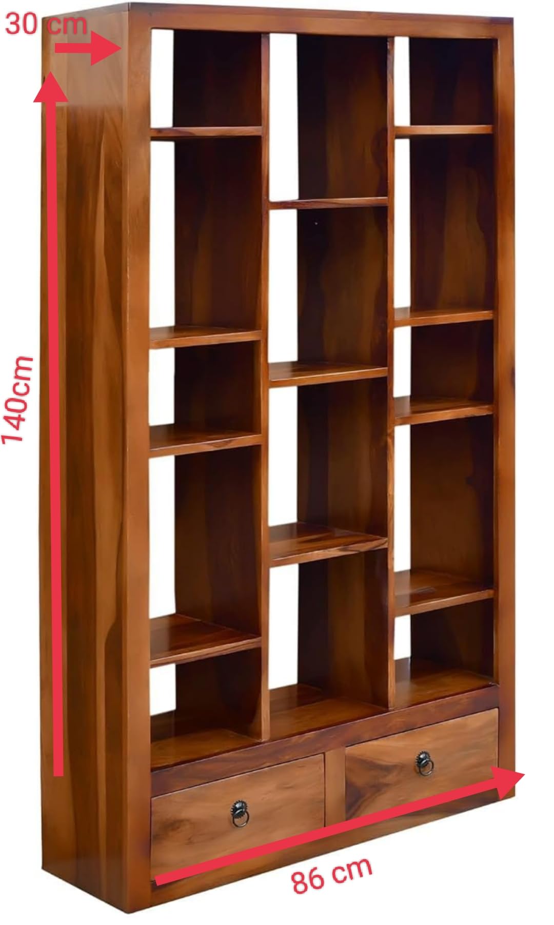 Solid Wood Display Unit with 2 Drawers - Honey Brown - size and dimension chart