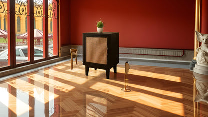 Umark Modern Rattan Cabinet Side Table, Black Wood Frame with Cane