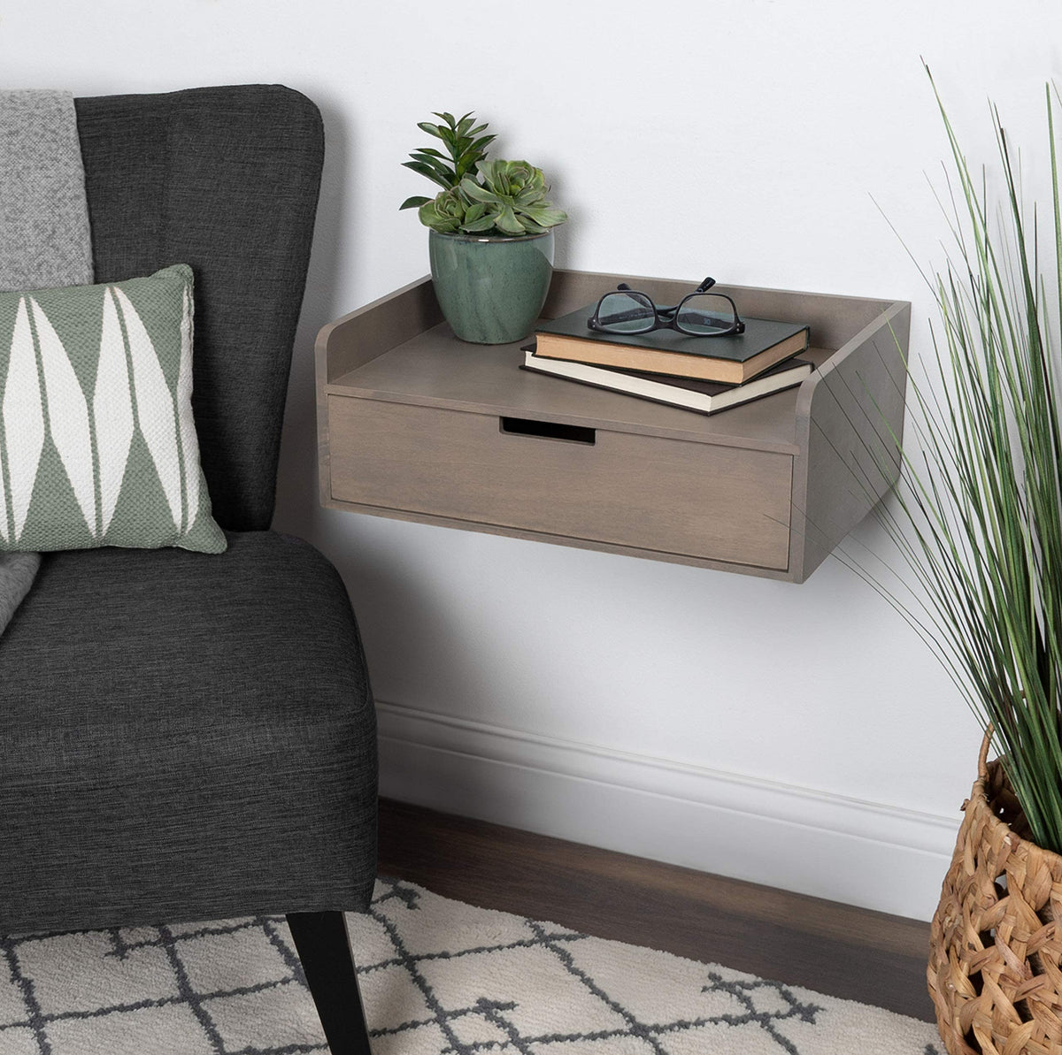 Floating Wall Shelf Side Table with Drawer - Grey - additional view